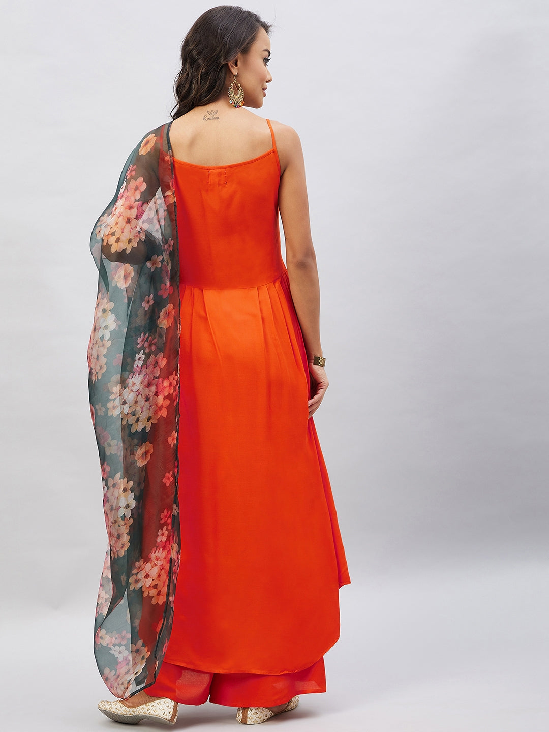 InWeave Women's Orange Strappy Set With Black Floral Organza Dupatta