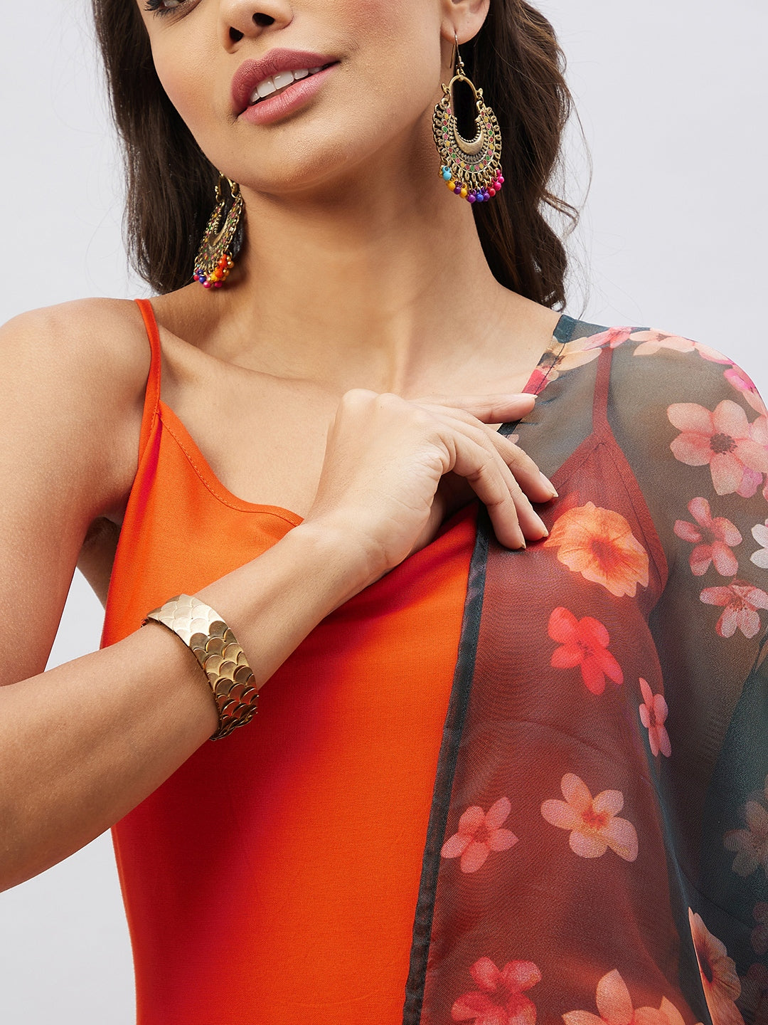 InWeave Women's Orange Strappy Set With Black Floral Organza Dupatta