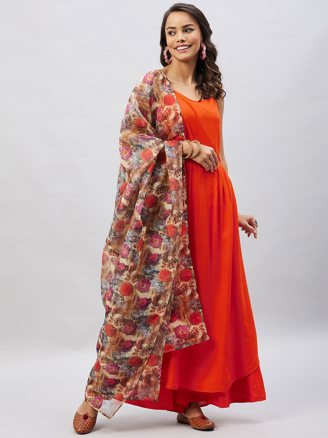 InWeave Women's Orange Strappy Set With Camel Brown Floral Organza Dupatta