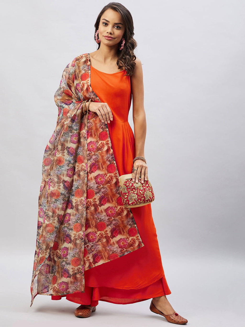 InWeave Women's Orange Strappy Set With Camel Brown Floral Organza Dupatta