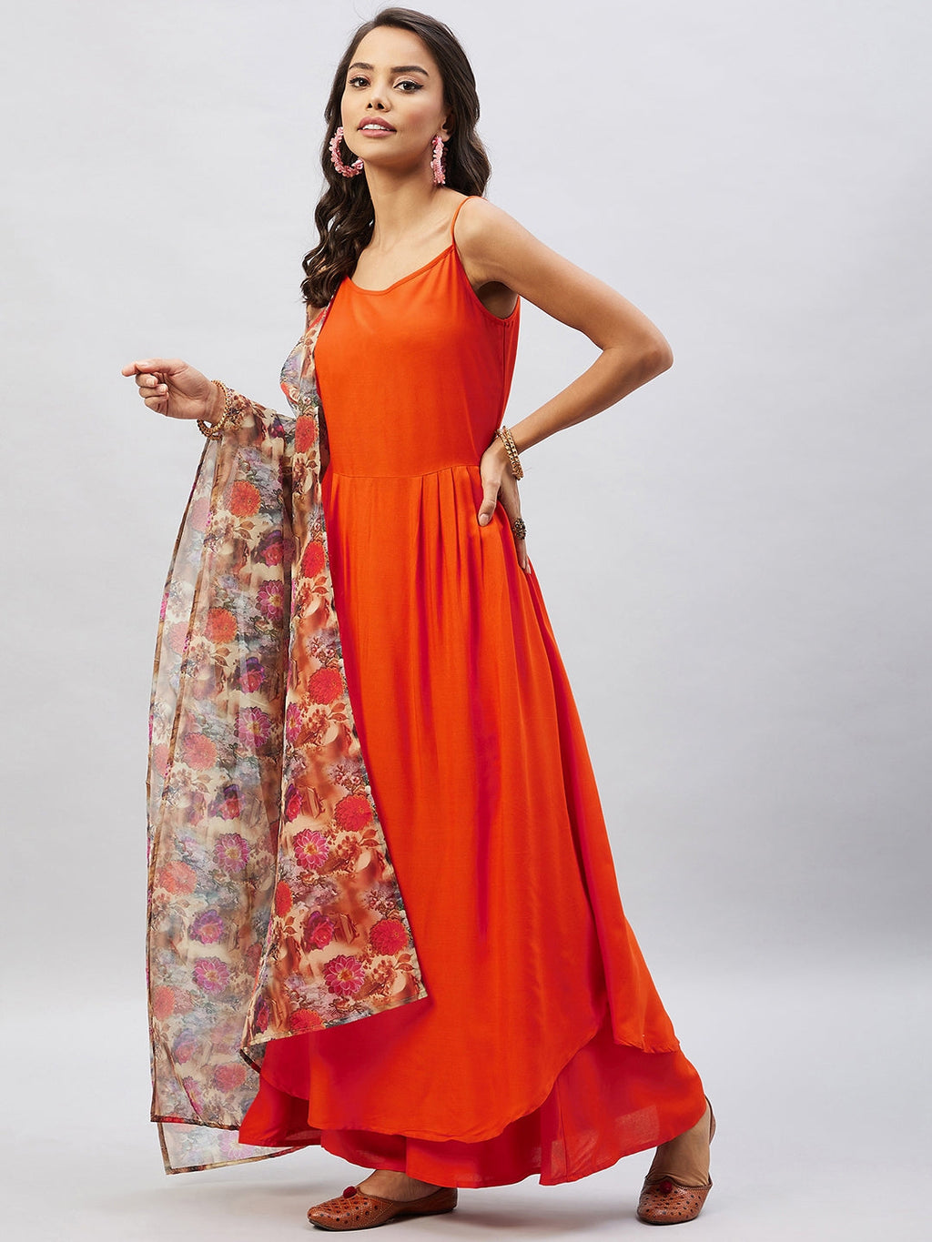 InWeave Women's Orange Strappy Set With Camel Brown Floral Organza Dupatta