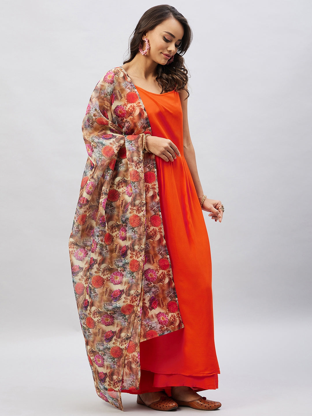 InWeave Women's Orange Strappy Set With Camel Brown Floral Organza Dupatta