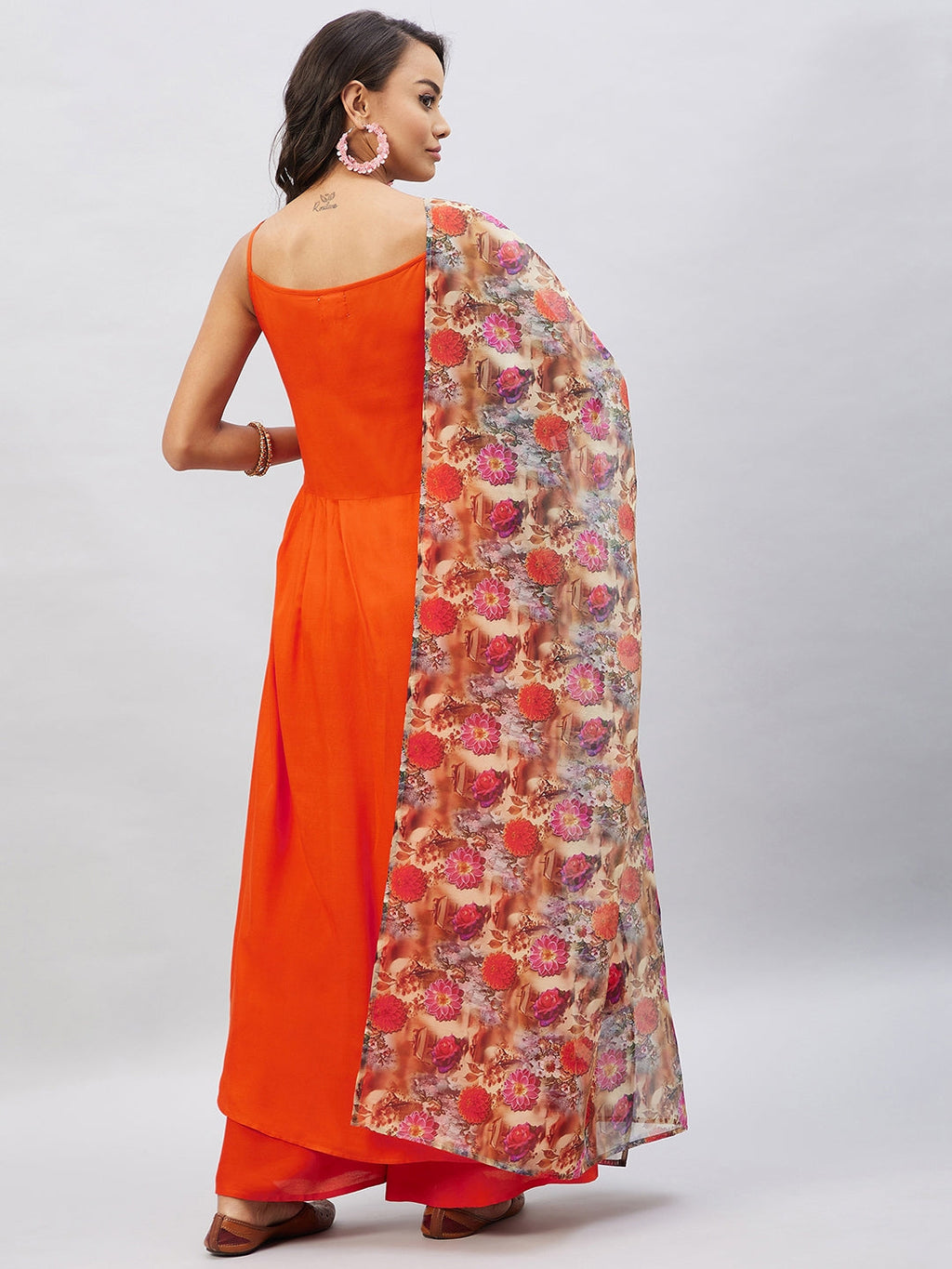InWeave Women's Orange Strappy Set With Camel Brown Floral Organza Dupatta