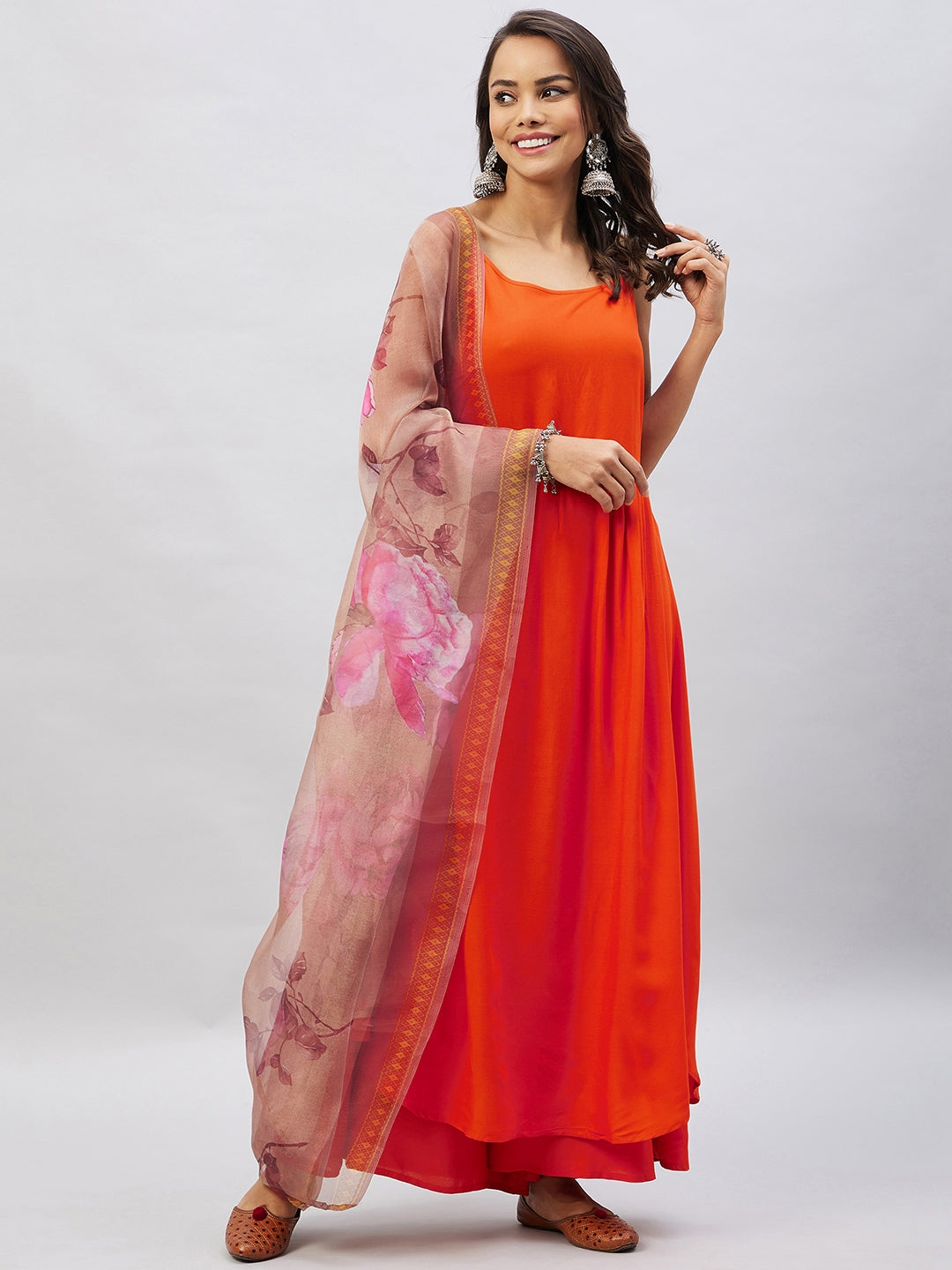 InWeave Women's Orange Strappy Set With Gold Pink Organza Dupatta