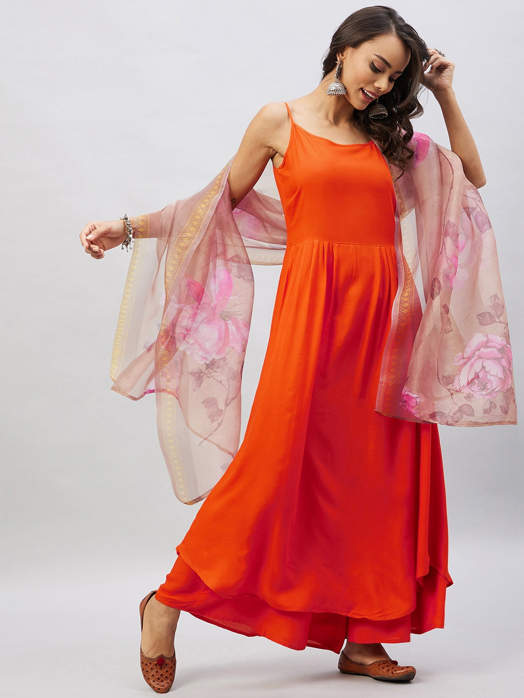 InWeave Women's Orange Strappy Set With Gold Pink Organza Dupatta