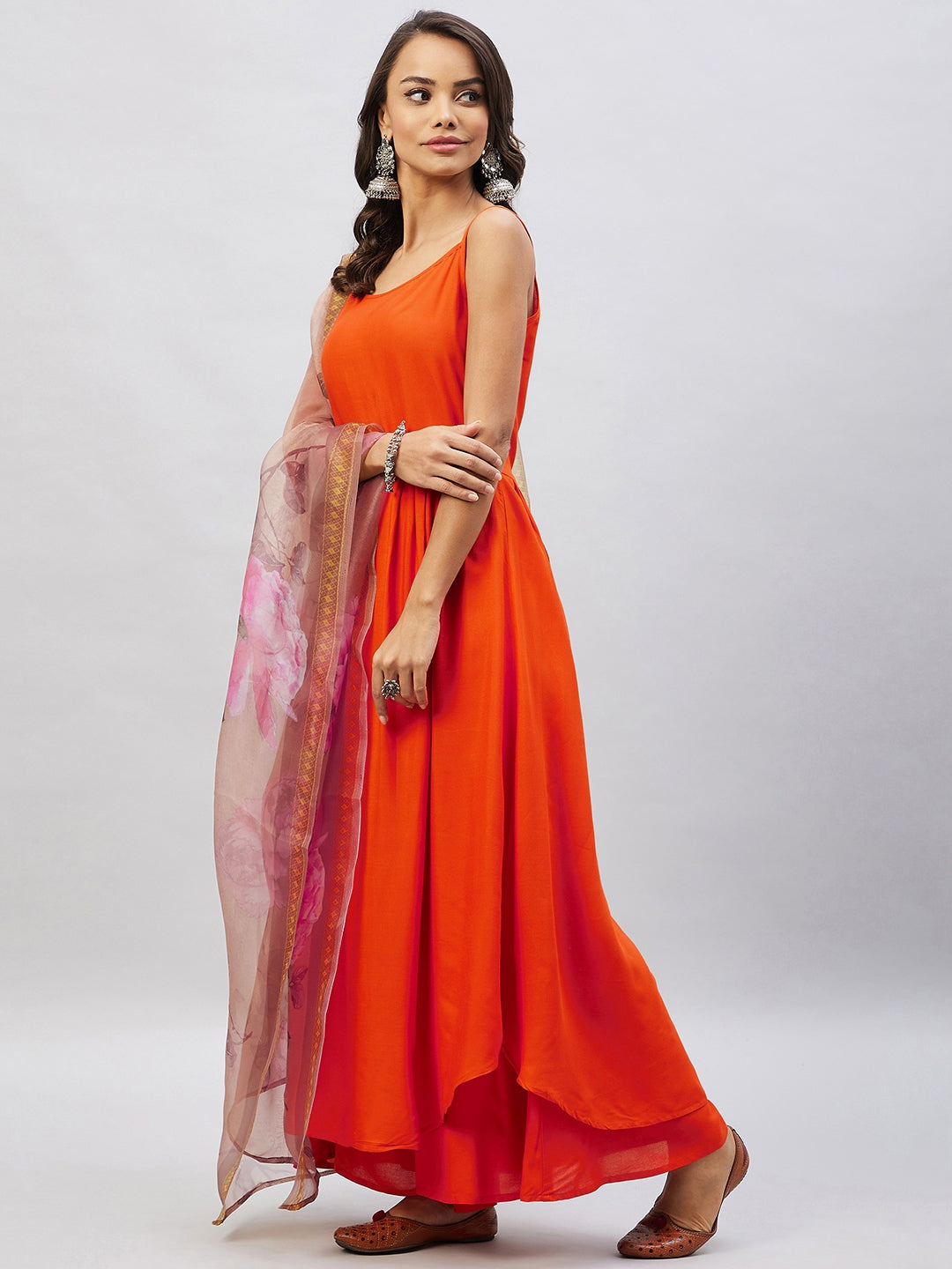InWeave Women's Orange Strappy Set With Gold Pink Organza Dupatta