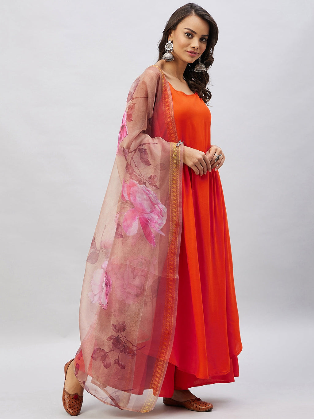 InWeave Women's Orange Strappy Set With Gold Pink Organza Dupatta