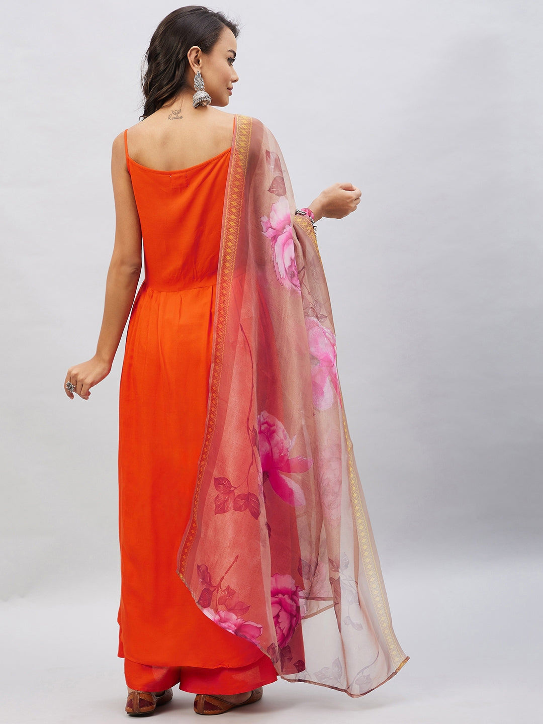 InWeave Women's Orange Strappy Set With Gold Pink Organza Dupatta