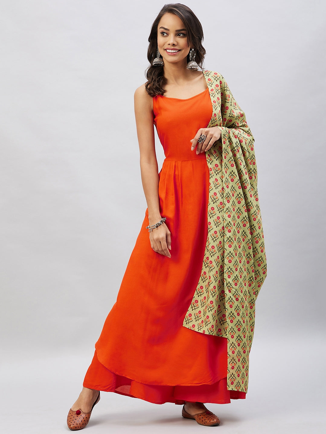 InWeave Women's Orange Strappy Set With Light Green Orange Print Dupatta