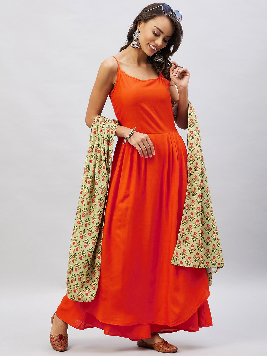 InWeave Women's Orange Strappy Set With Light Green Orange Print Dupatta