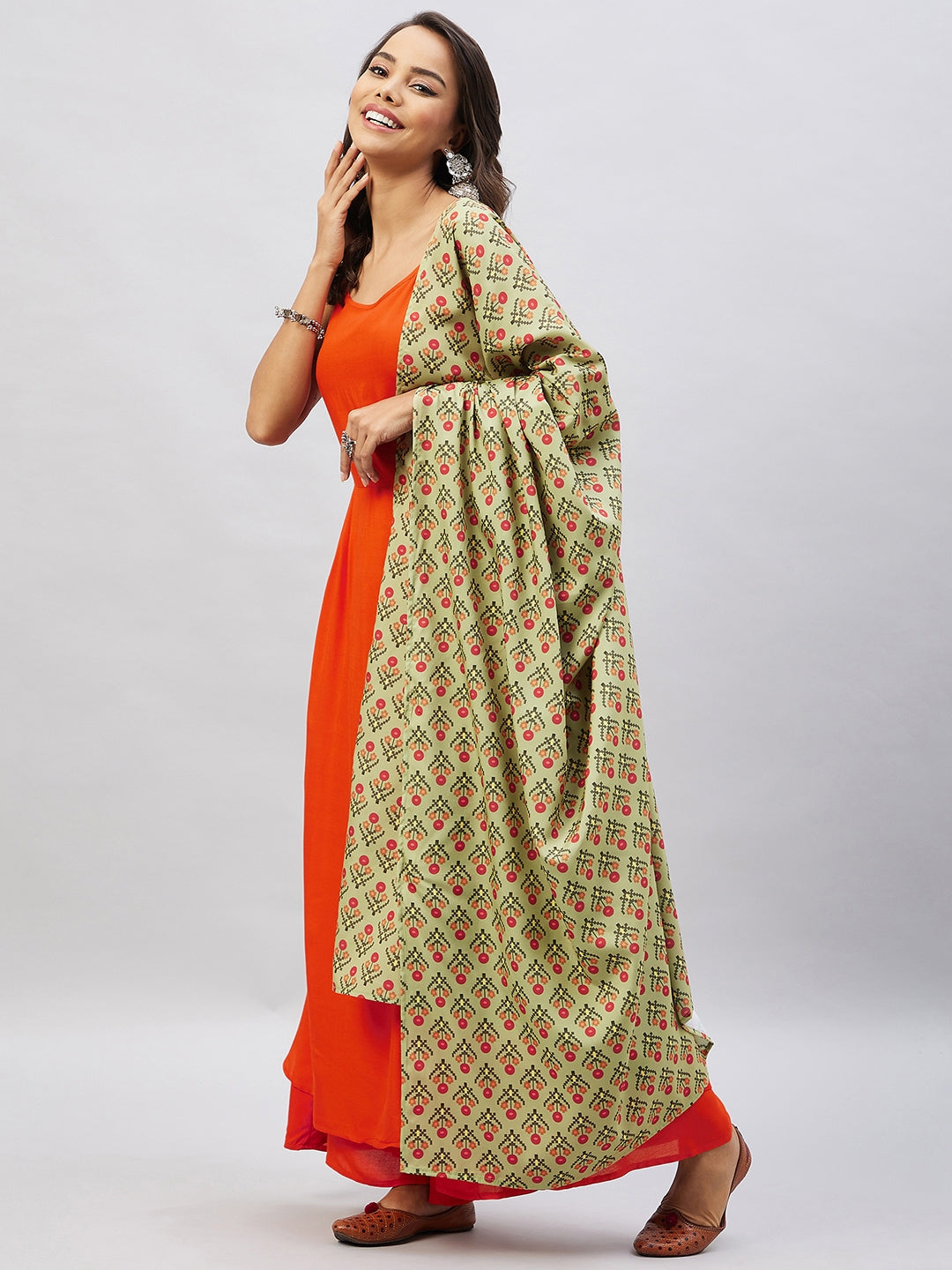 InWeave Women's Orange Strappy Set With Light Green Orange Print Dupatta