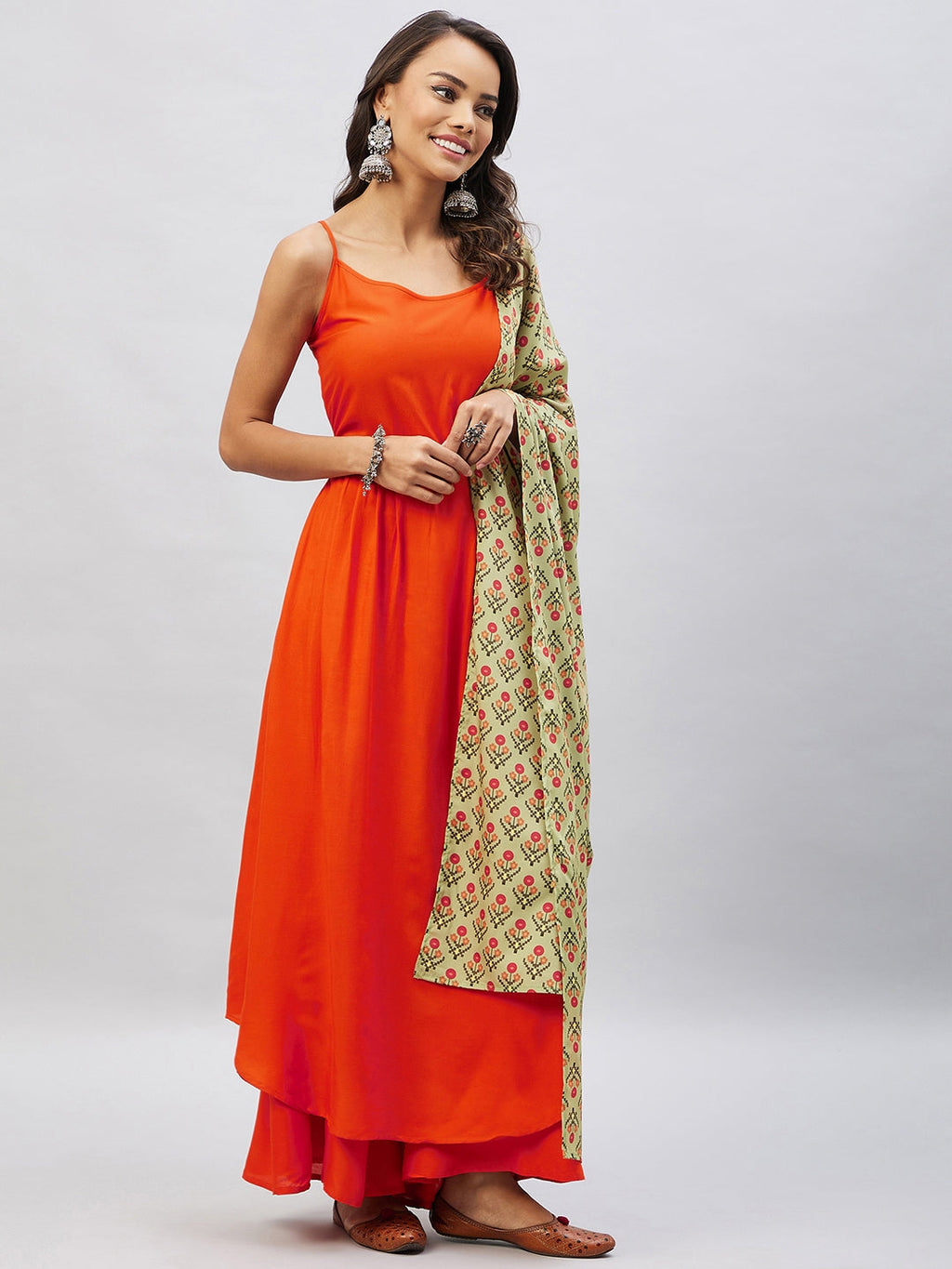 InWeave Women's Orange Strappy Set With Light Green Orange Print Dupatta