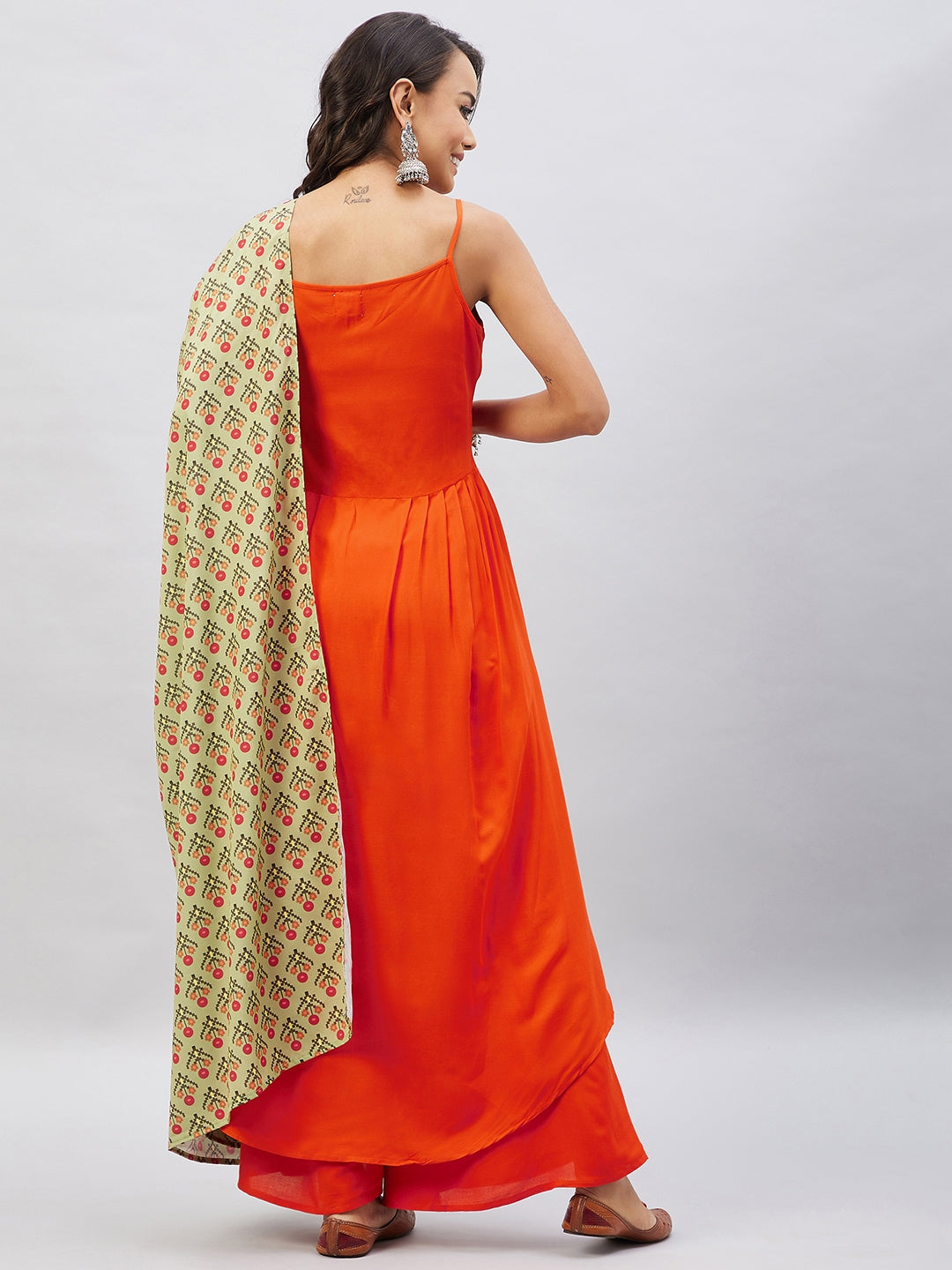 InWeave Women's Orange Strappy Set With Light Green Orange Print Dupatta
