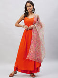 InWeave Orange Strappy Set With Light Olive Organza Dupatta