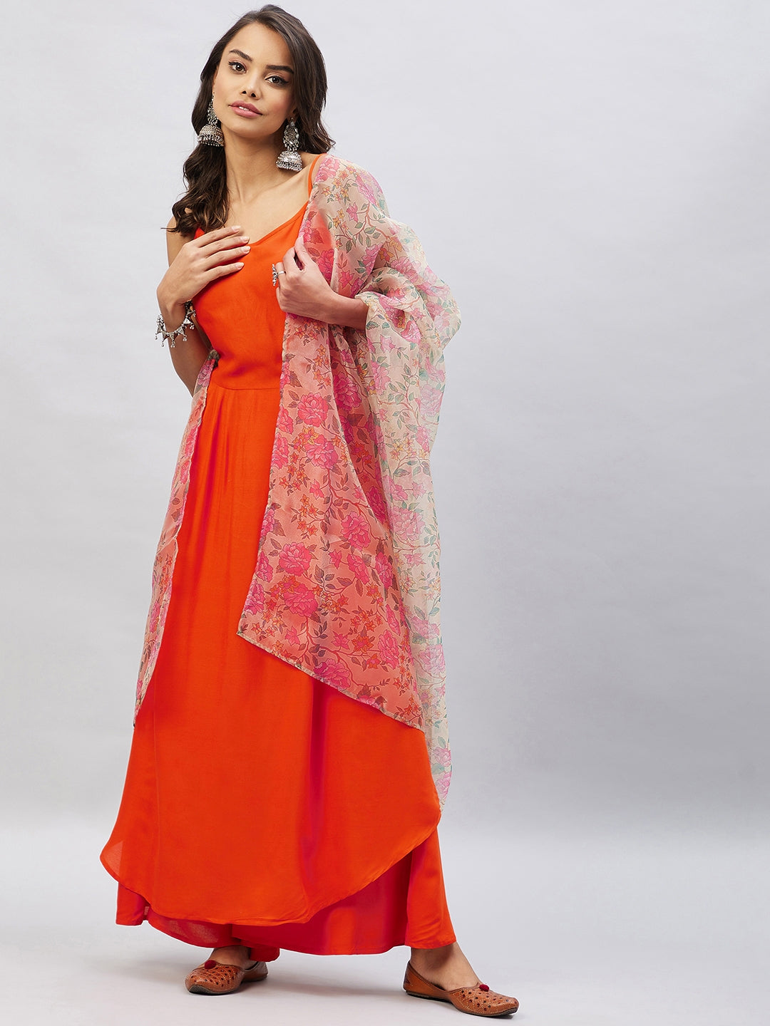 InWeave Orange Strappy Set With Light Olive Organza Dupatta