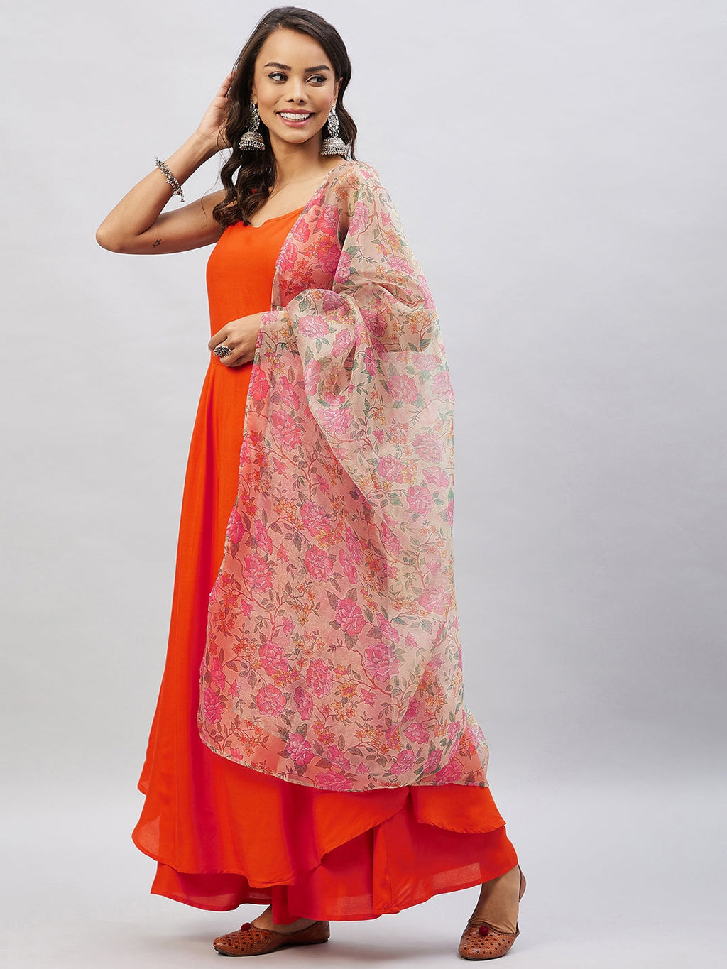 InWeave Orange Strappy Set With Light Olive Organza Dupatta