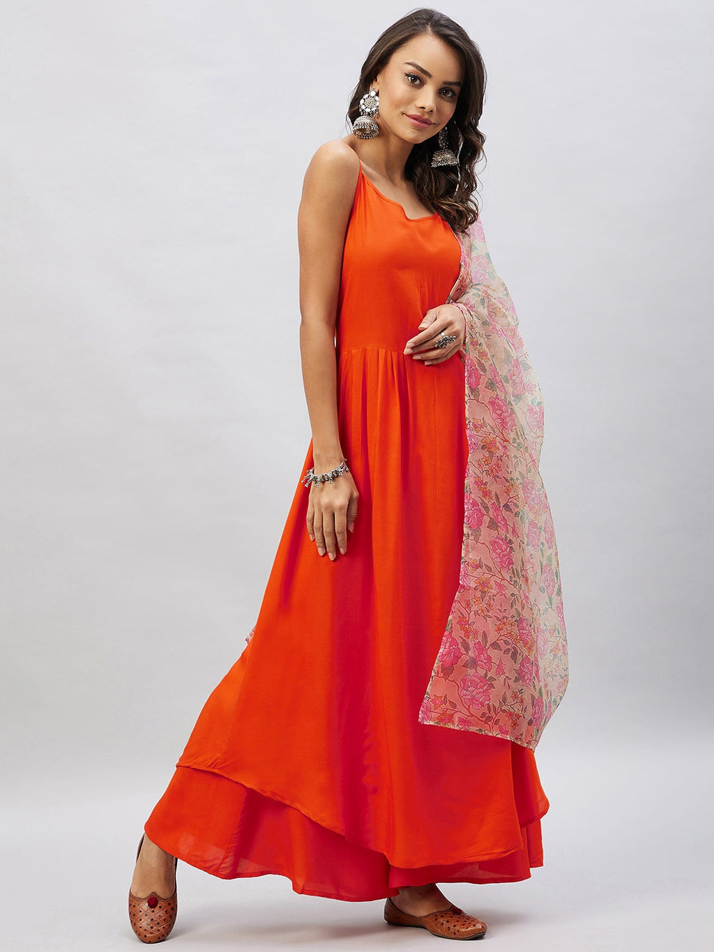 InWeave Orange Strappy Set With Light Olive Organza Dupatta