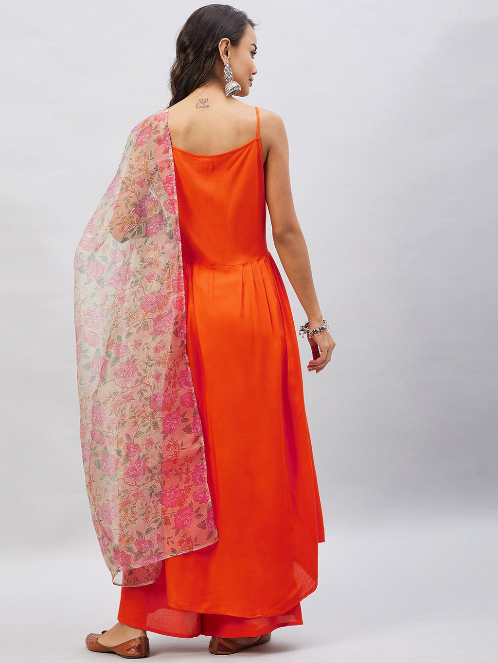 InWeave Orange Strappy Set With Light Olive Organza Dupatta
