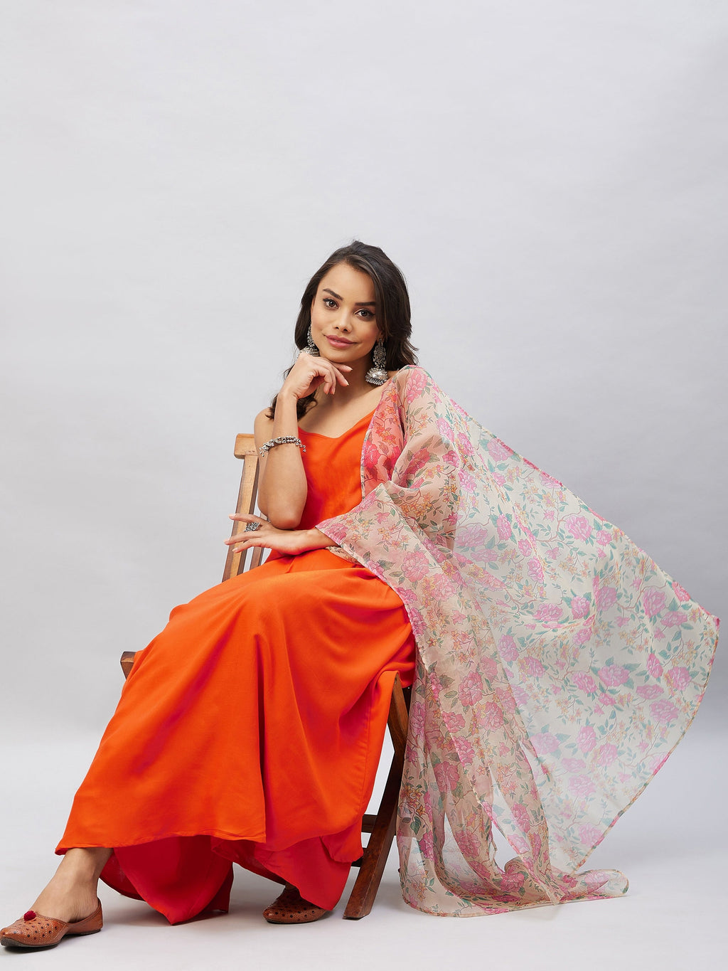 InWeave Orange Strappy Set With Light Olive Organza Dupatta