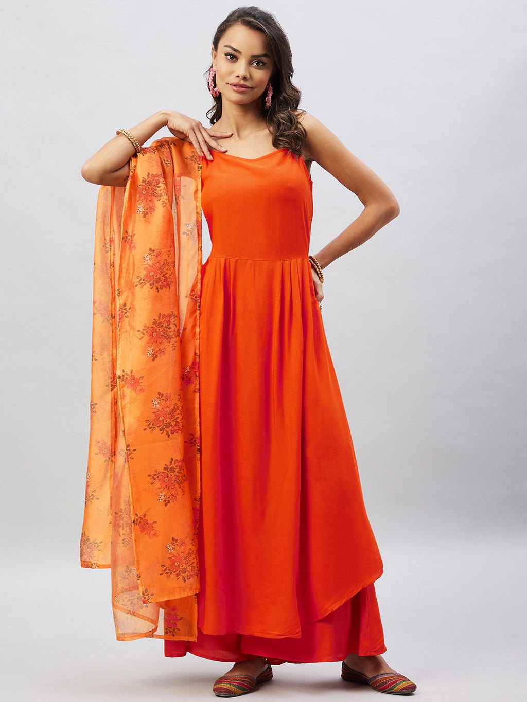 InWeave Women's Orange Strappy Set With Mustard Floral Organza Dupatta