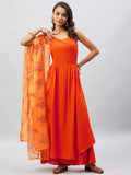 InWeave Women's Orange Strappy Set With Mustard Floral Organza Dupatta