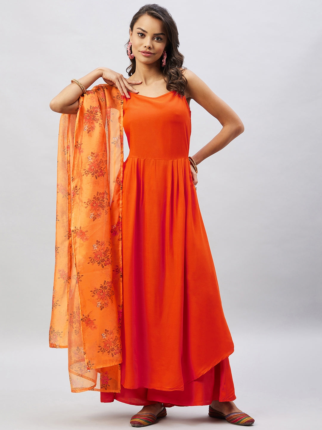 InWeave Women's Orange Strappy Set With Mustard Floral Organza Dupatta