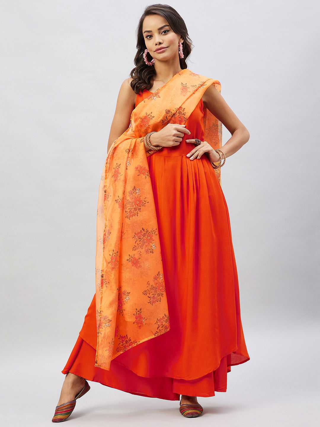 InWeave Women's Orange Strappy Set With Mustard Floral Organza Dupatta