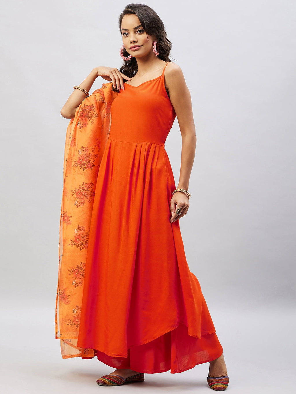 InWeave Women's Orange Strappy Set With Mustard Floral Organza Dupatta