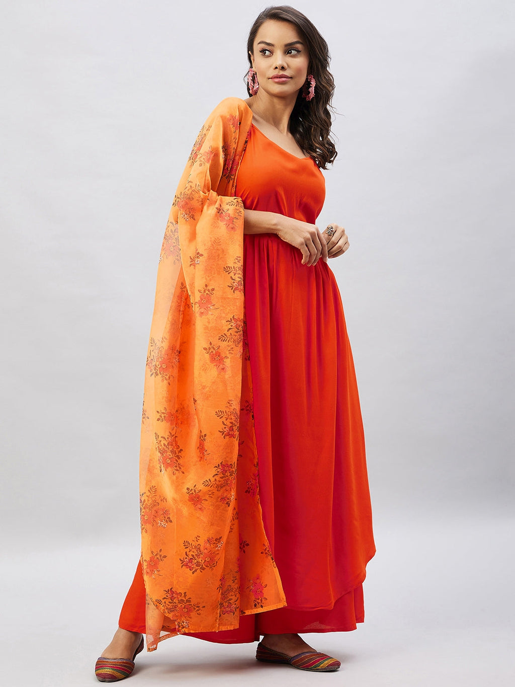 InWeave Women's Orange Strappy Set With Mustard Floral Organza Dupatta
