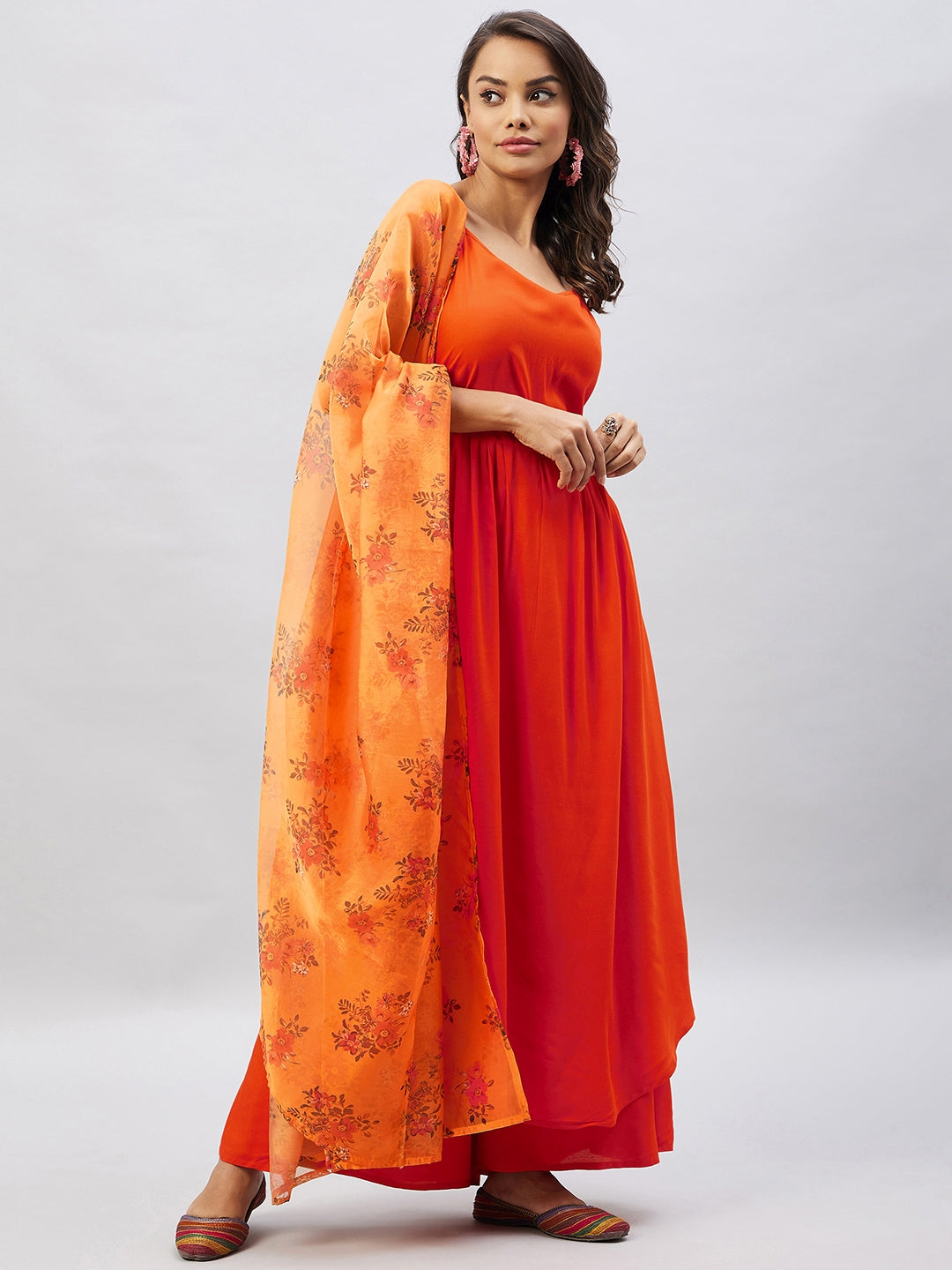 InWeave Women's Orange Strappy Set With Mustard Floral Organza Dupatta