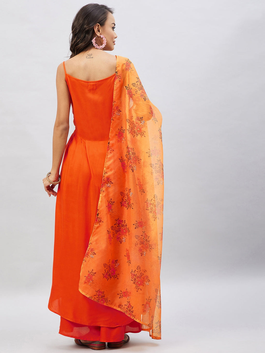 InWeave Women's Orange Strappy Set With Mustard Floral Organza Dupatta