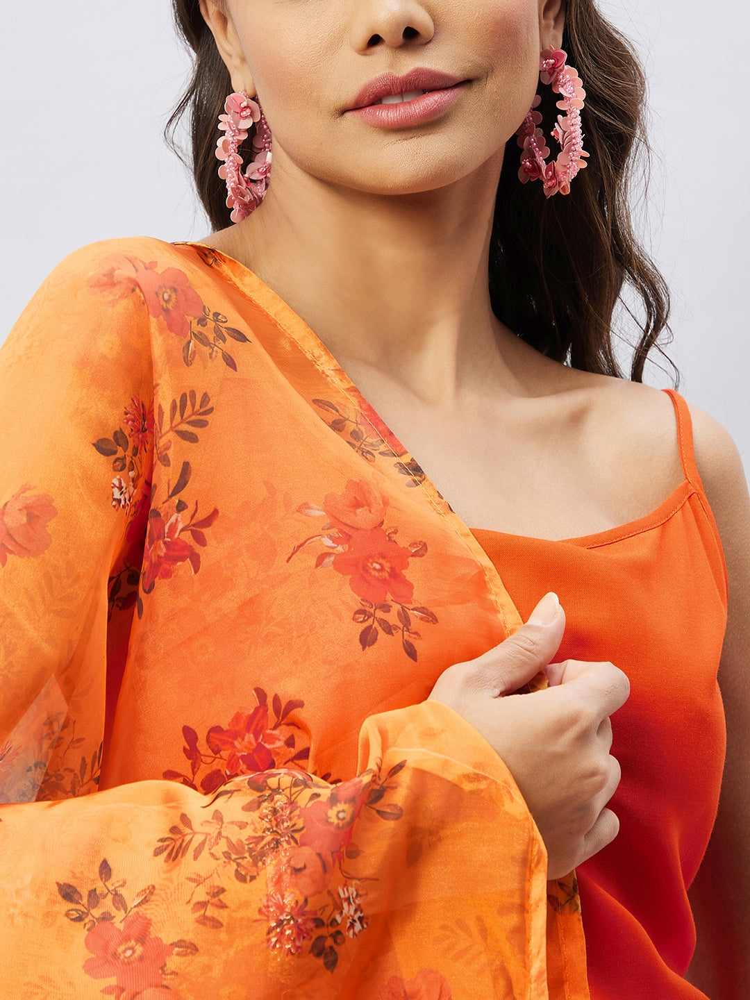 InWeave Women's Orange Strappy Set With Mustard Floral Organza Dupatta