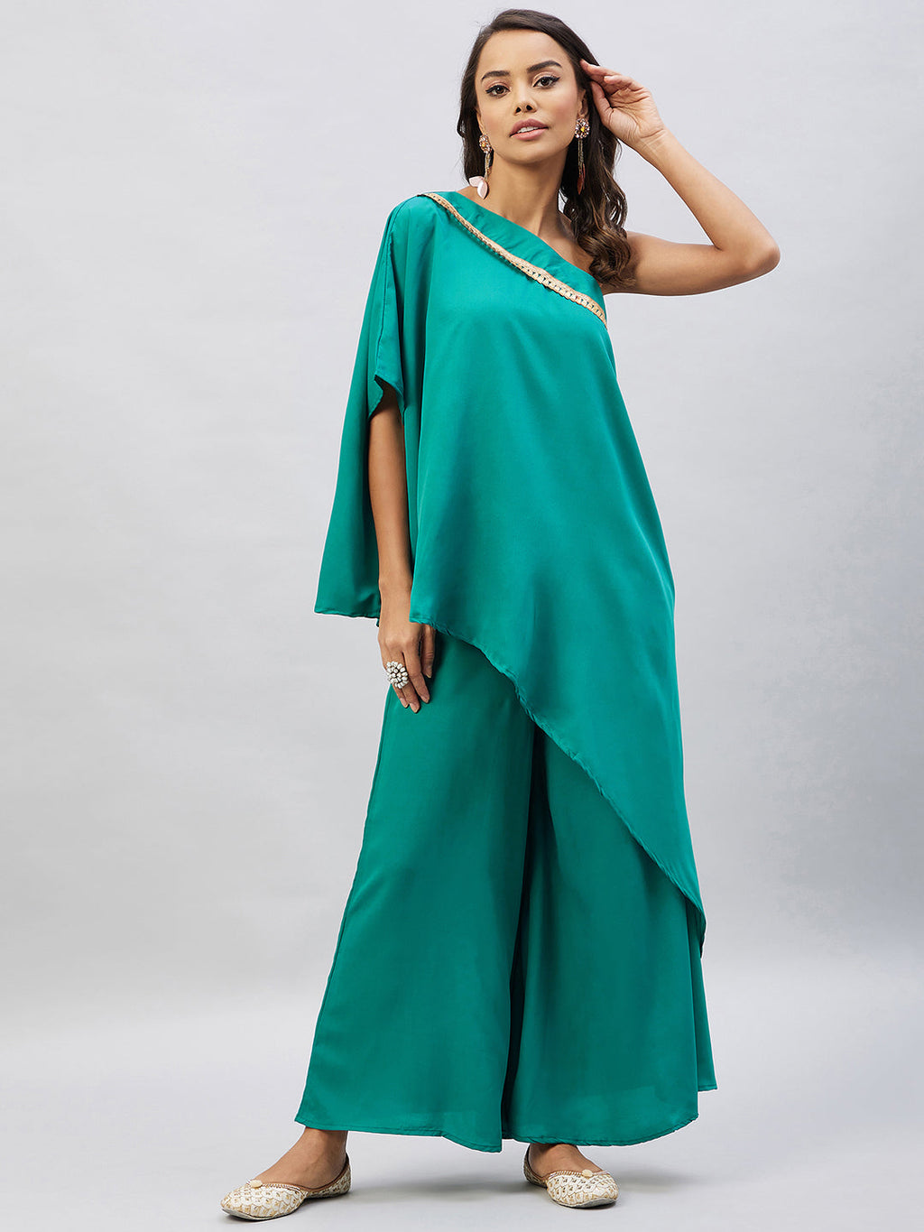 InWeave Women's Teal One Shoulder Kurta Set With Gota Work
