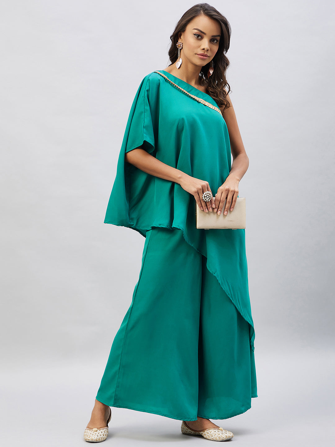 InWeave Women's Teal One Shoulder Kurta Set With Gota Work