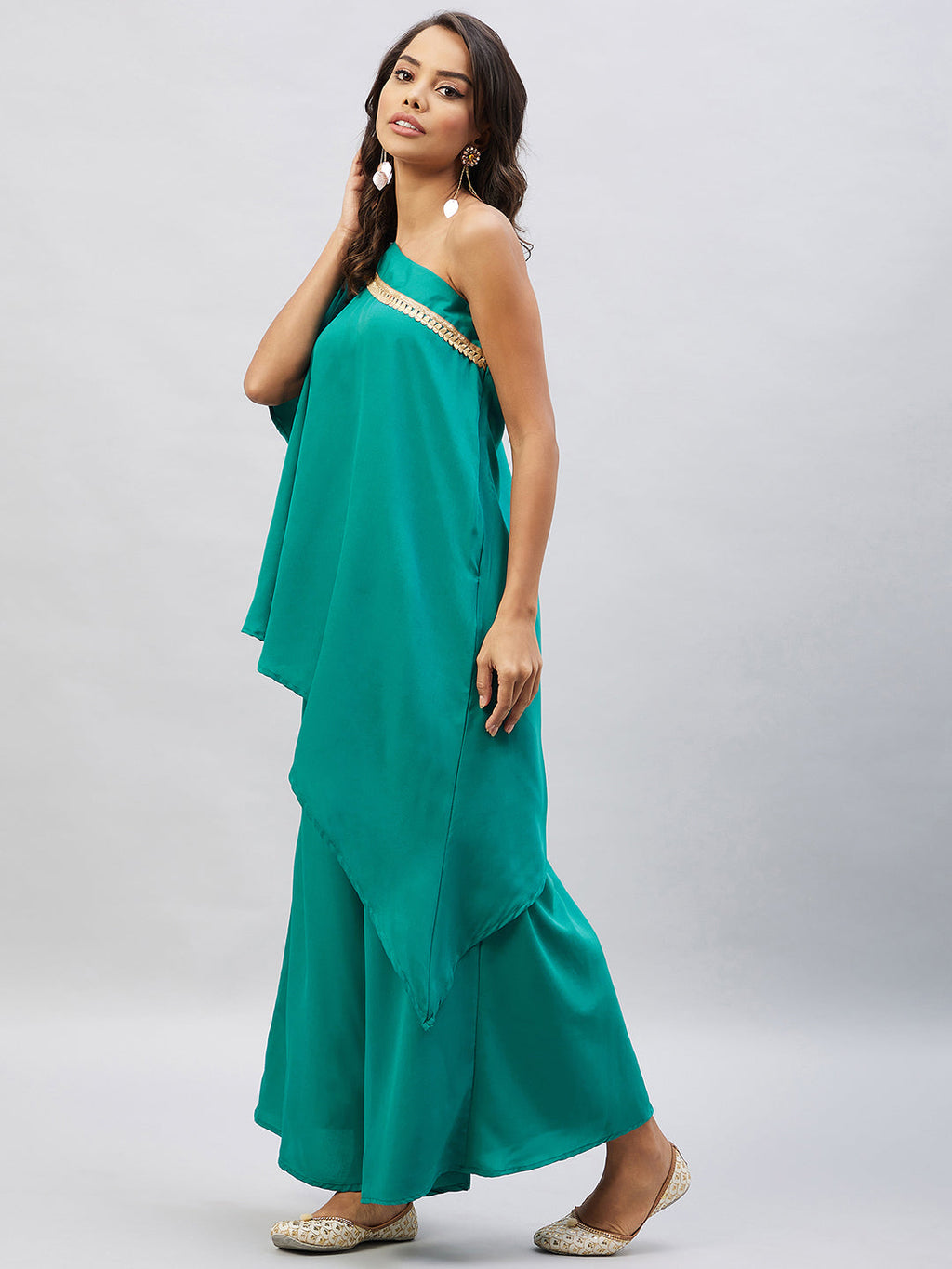 InWeave Women's Teal One Shoulder Kurta Set With Gota Work