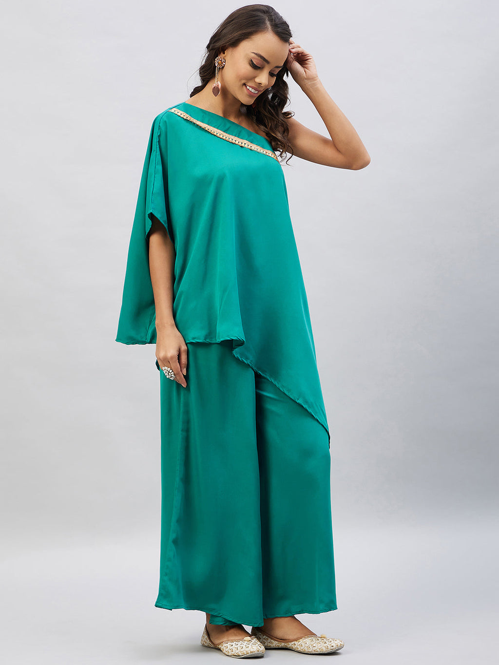 InWeave Women's Teal One Shoulder Kurta Set With Gota Work