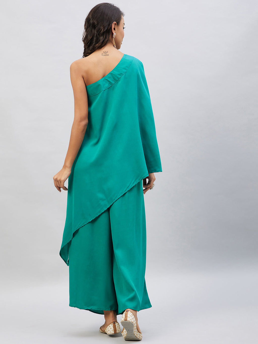 InWeave Women's Teal One Shoulder Kurta Set With Gota Work