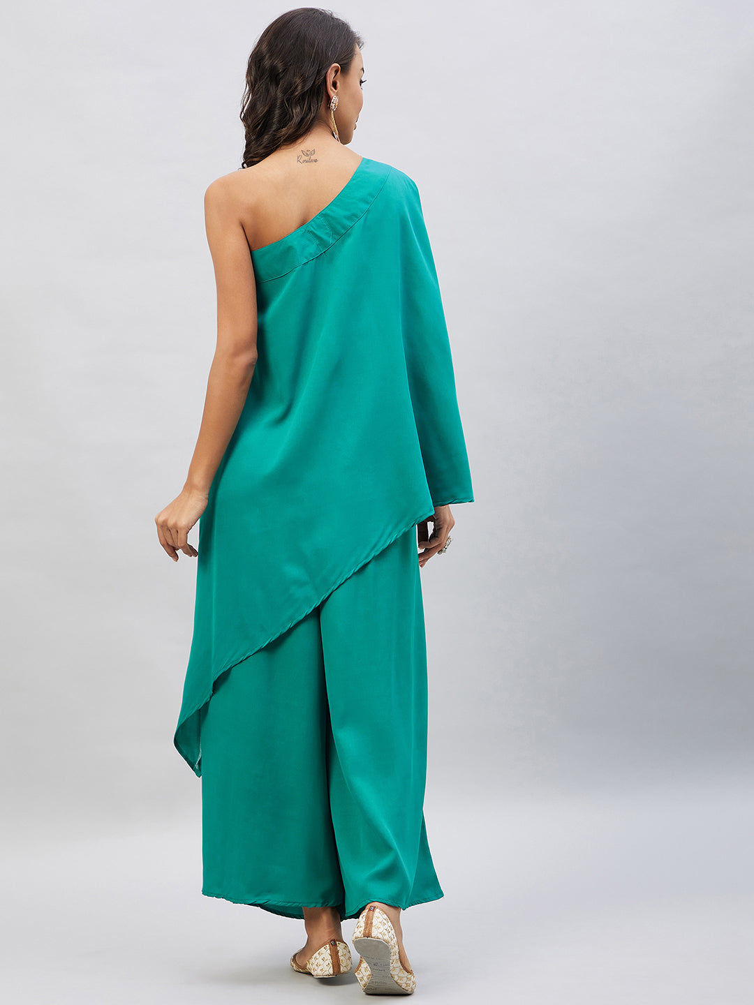 InWeave Women's Teal One Shoulder Kurta Set With Gota Work