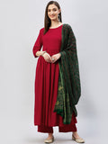 InWeave Women's Maroon Long Anarkali Kurta Set With Green Ajrakh Dupatta