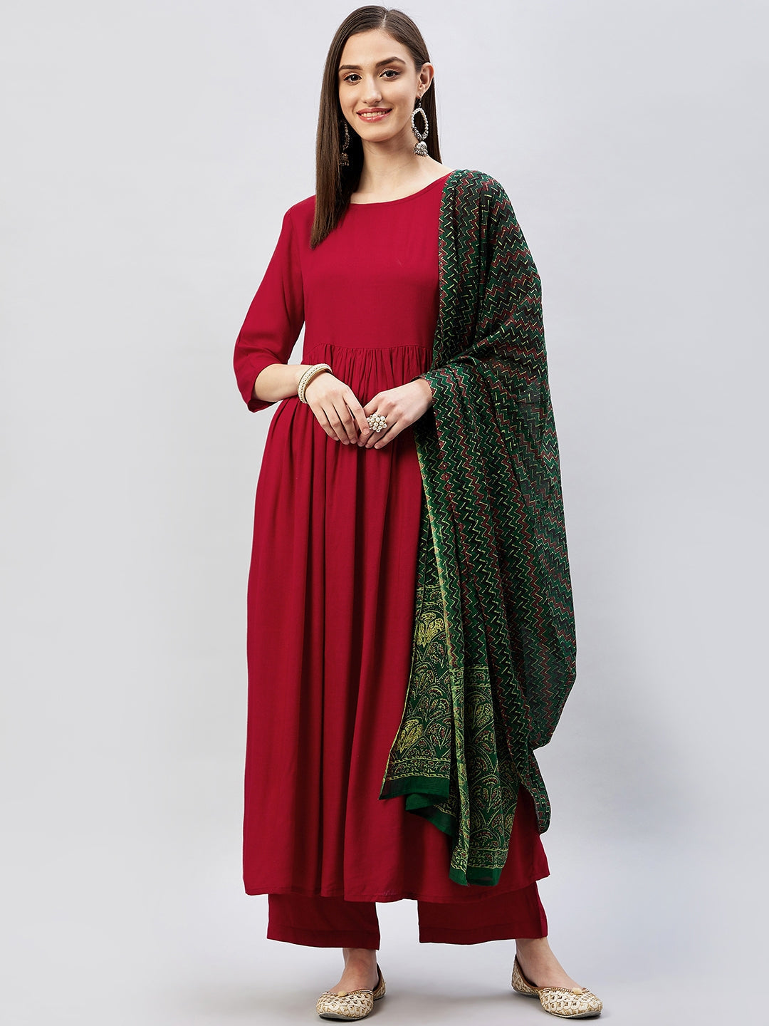InWeave Women's Maroon Long Anarkali Kurta Set With Green Ajrakh Dupatta