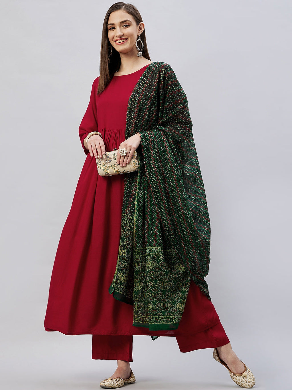 InWeave Women's Maroon Long Anarkali Kurta Set With Green Ajrakh Dupatta