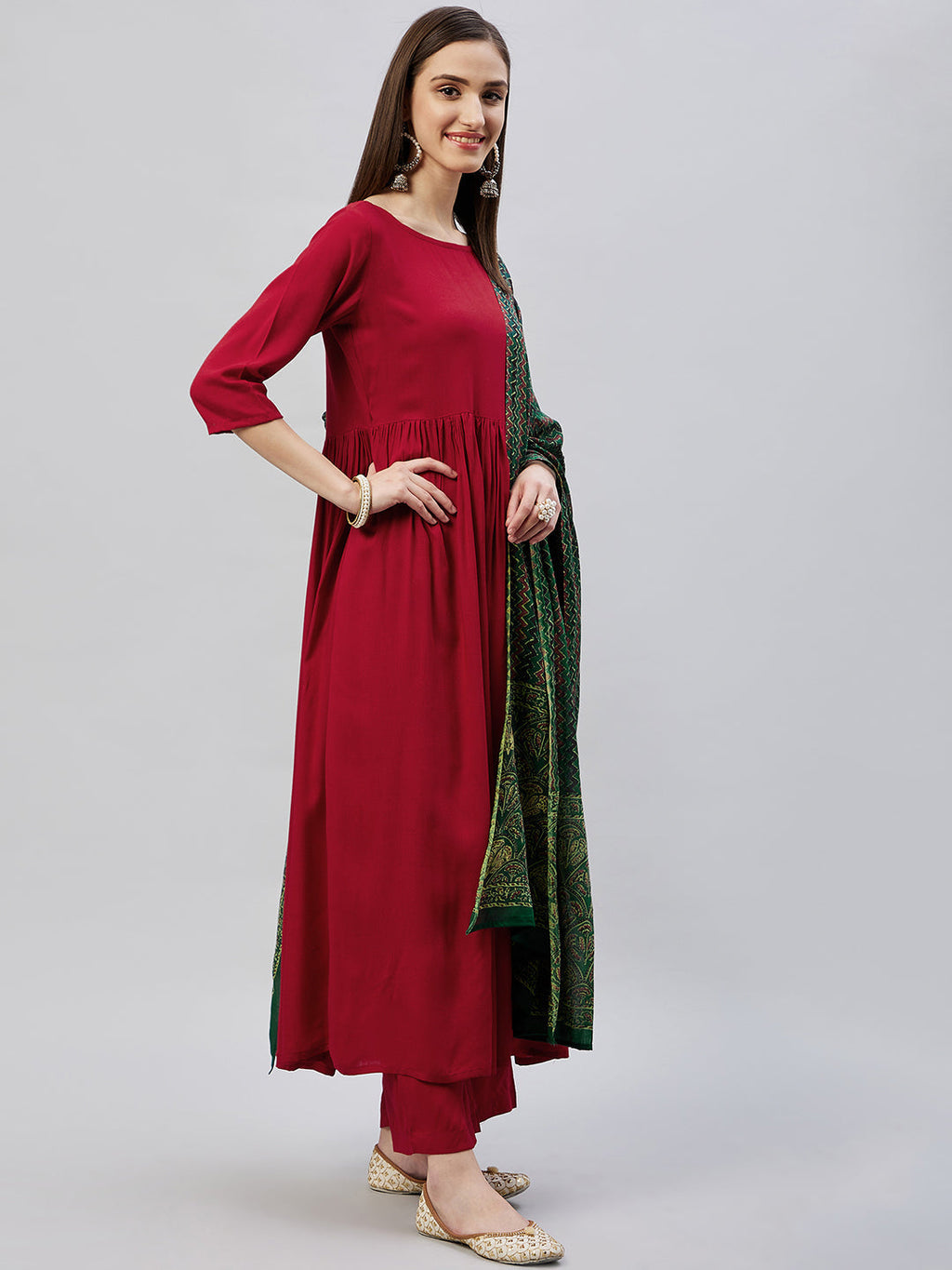 InWeave Women's Maroon Long Anarkali Kurta Set With Green Ajrakh Dupatta
