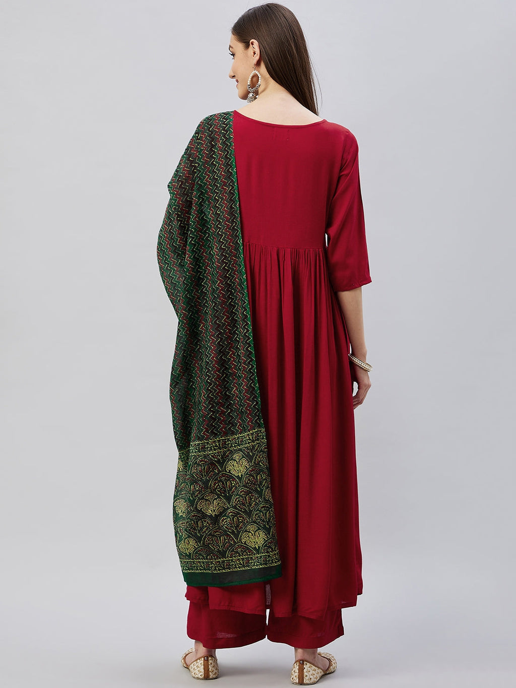 InWeave Women's Maroon Long Anarkali Kurta Set With Green Ajrakh Dupatta
