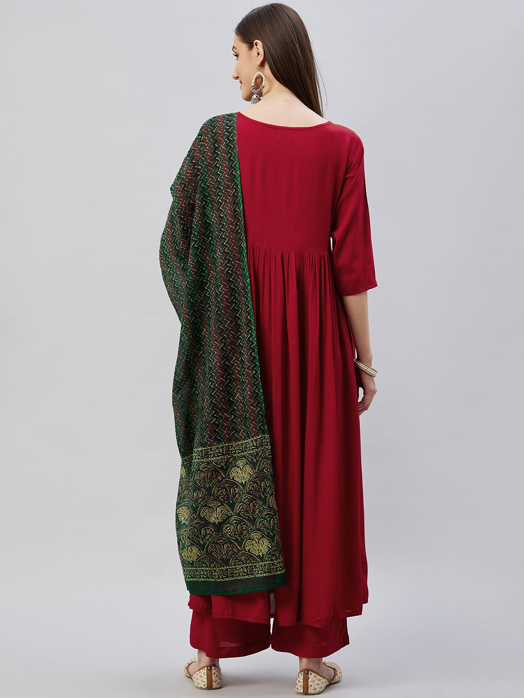 InWeave Women's Maroon Long Anarkali Kurta Set With Green Ajrakh Dupatta