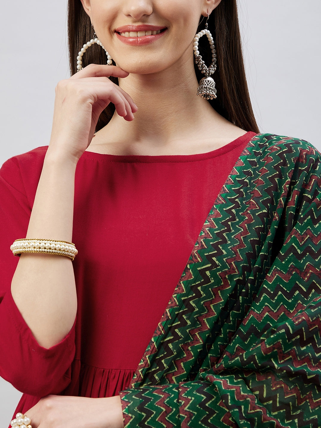 InWeave Women's Maroon Long Anarkali Kurta Set With Green Ajrakh Dupatta