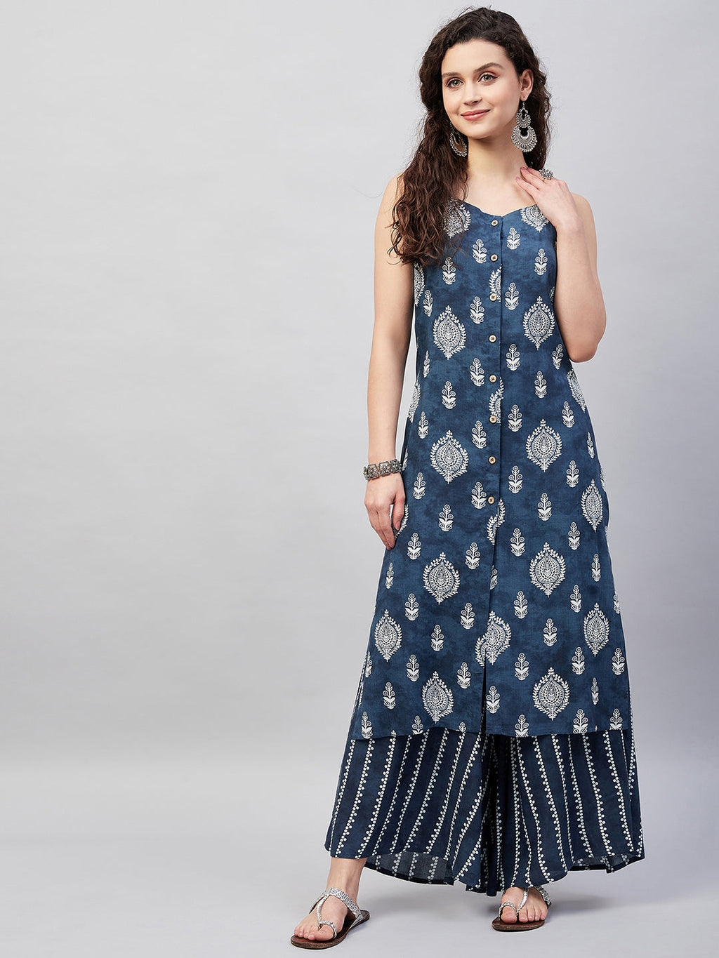 InWeave Women's Blue White Porcelien Print Spaghetti Kurta Palazzo Set