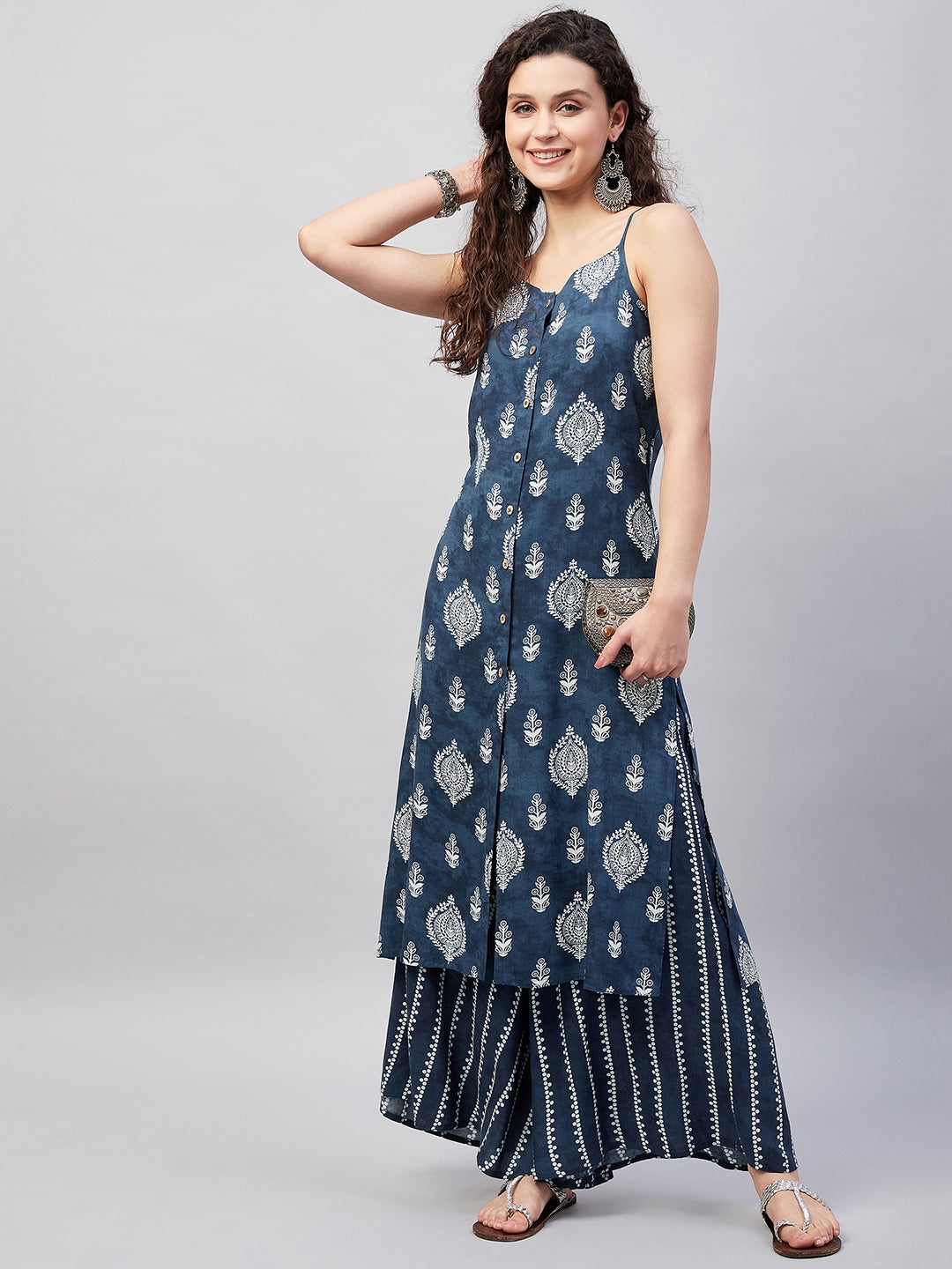InWeave Women's Blue White Porcelien Print Spaghetti Kurta Palazzo Set