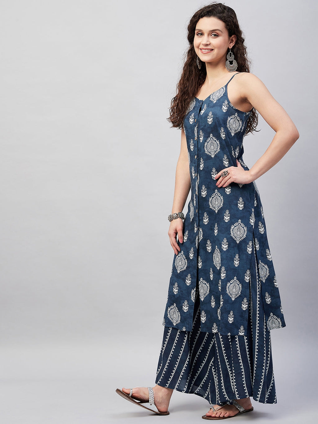InWeave Women's Blue White Porcelien Print Spaghetti Kurta Palazzo Set
