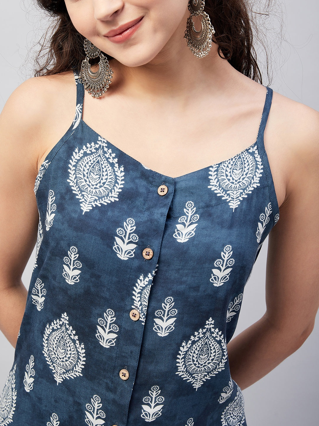 InWeave Women's Blue White Porcelien Print Spaghetti Kurta Palazzo Set