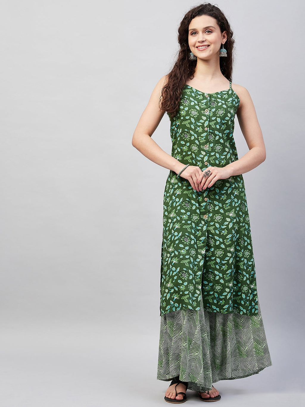 InWeave Women's Green Bagh Print Spaghetti Kurta Zig Zag Palazzo Set